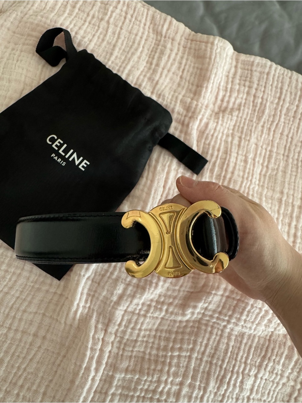 Celine Black Leather Belt with Gold Double-C Logo Buckle